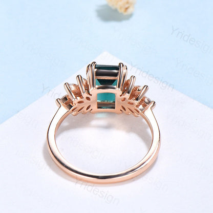 Vintage Emerald cut emerald ring 14k rose gold unique emerald engagement ring antique cluster marquise moissanite wedding ring for women - PENFINE