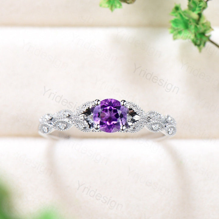 Dainty Amethyst Engagement Ring Purple Amethyst Promise Ring For Women Art Deco 14k white gold bridal ring February Birthstone bride ring - PENFINE