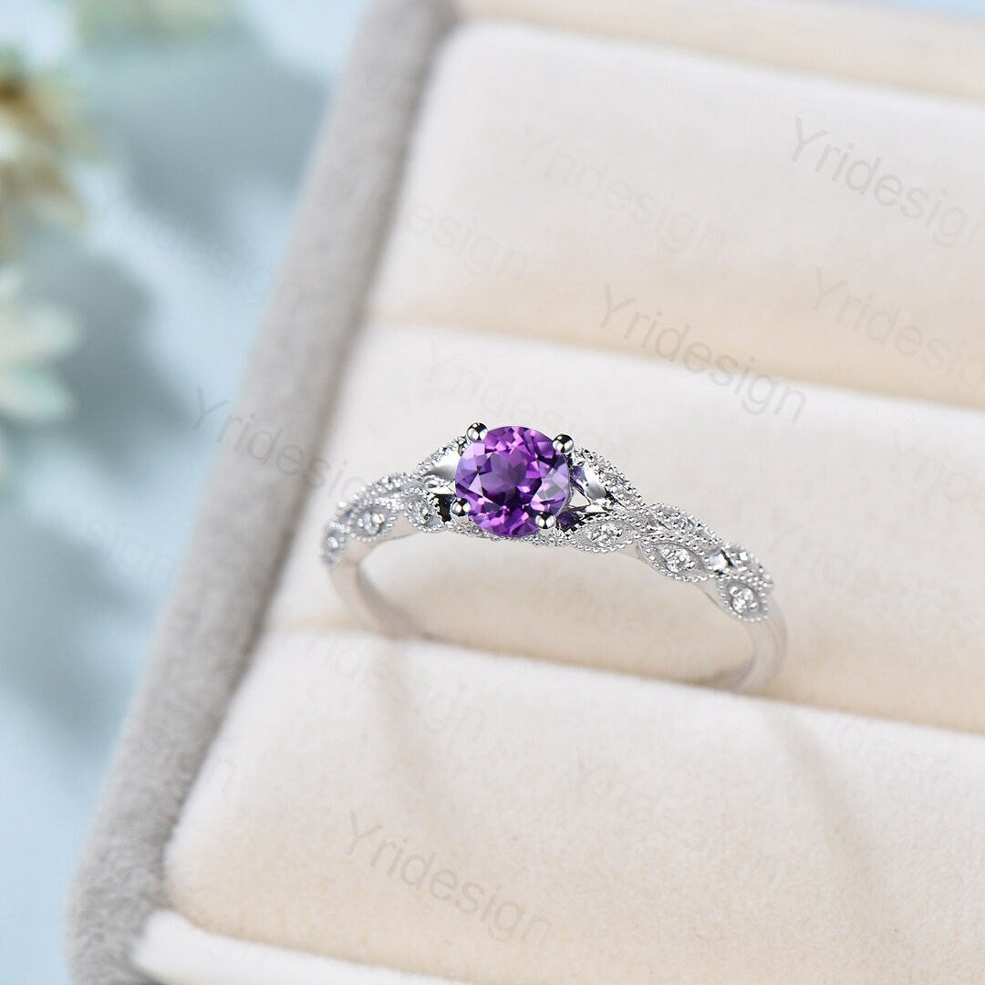 Dainty Amethyst Engagement Ring Purple Amethyst Promise Ring For Women Art Deco 14k white gold bridal ring February Birthstone bride ring - PENFINE