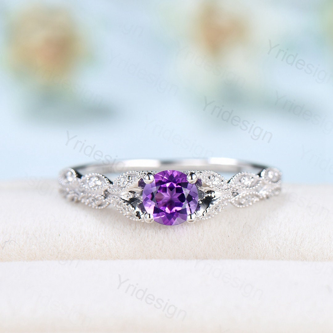 Dainty Amethyst Engagement Ring Purple Amethyst Promise Ring For Women Art Deco 14k white gold bridal ring February Birthstone bride ring - PENFINE