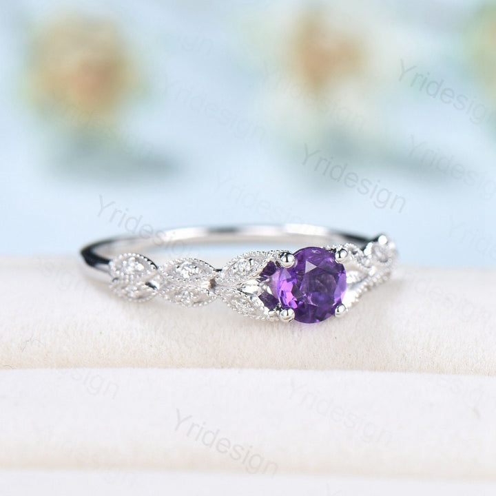 Dainty Amethyst Engagement Ring Purple Amethyst Promise Ring For Women Art Deco 14k white gold bridal ring February Birthstone bride ring - PENFINE