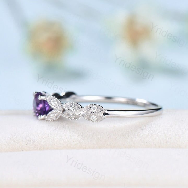 Dainty Amethyst Engagement Ring Purple Amethyst Promise Ring For Women Art Deco 14k white gold bridal ring February Birthstone bride ring - PENFINE