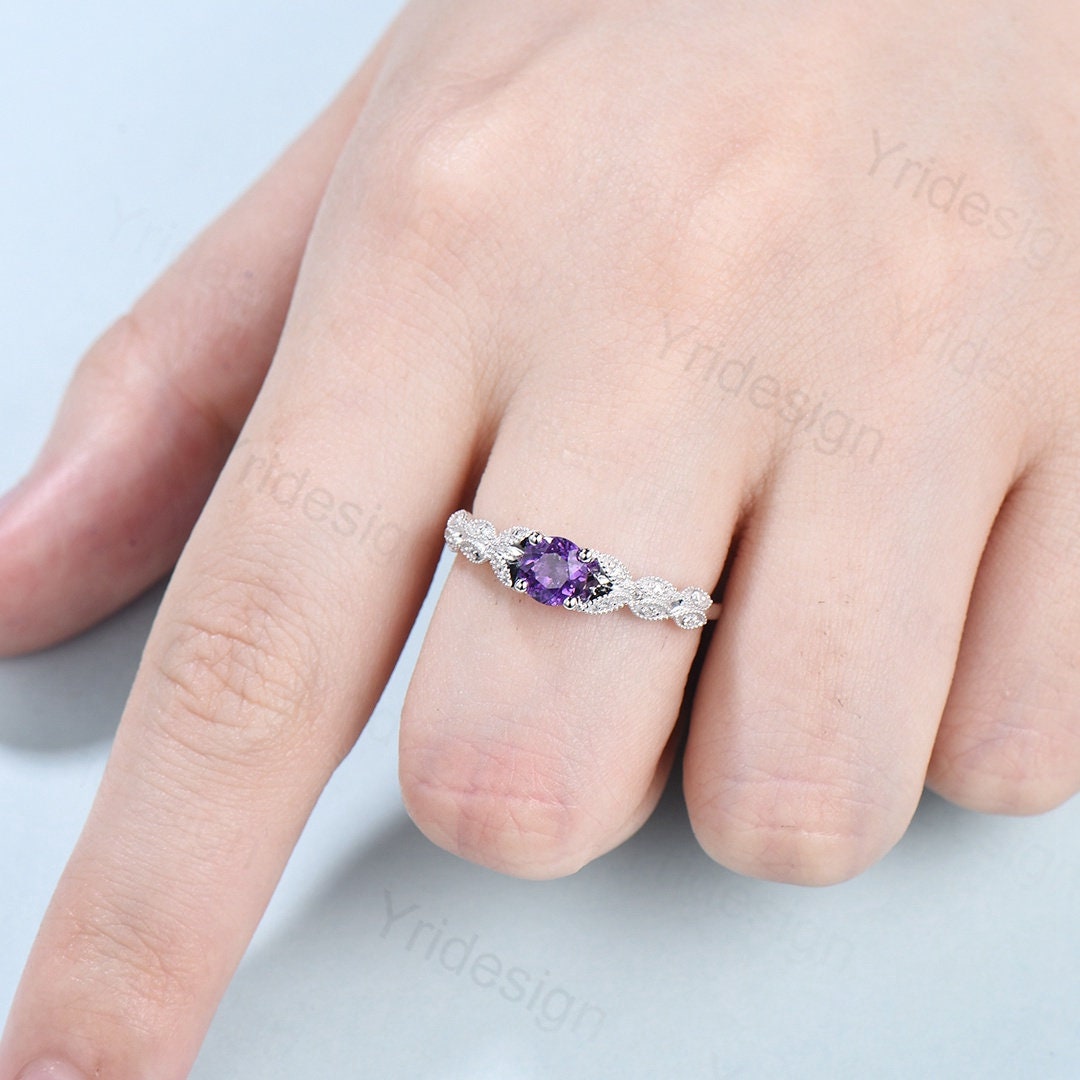 Dainty Amethyst Engagement Ring Purple Amethyst Promise Ring For Women Art Deco 14k white gold bridal ring February Birthstone bride ring - PENFINE