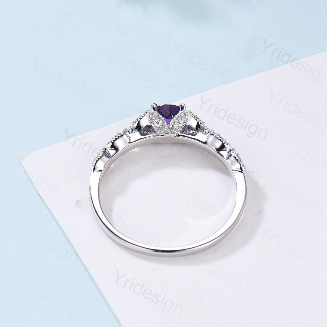 Dainty Amethyst Engagement Ring Purple Amethyst Promise Ring For Women Art Deco 14k white gold bridal ring February Birthstone bride ring - PENFINE