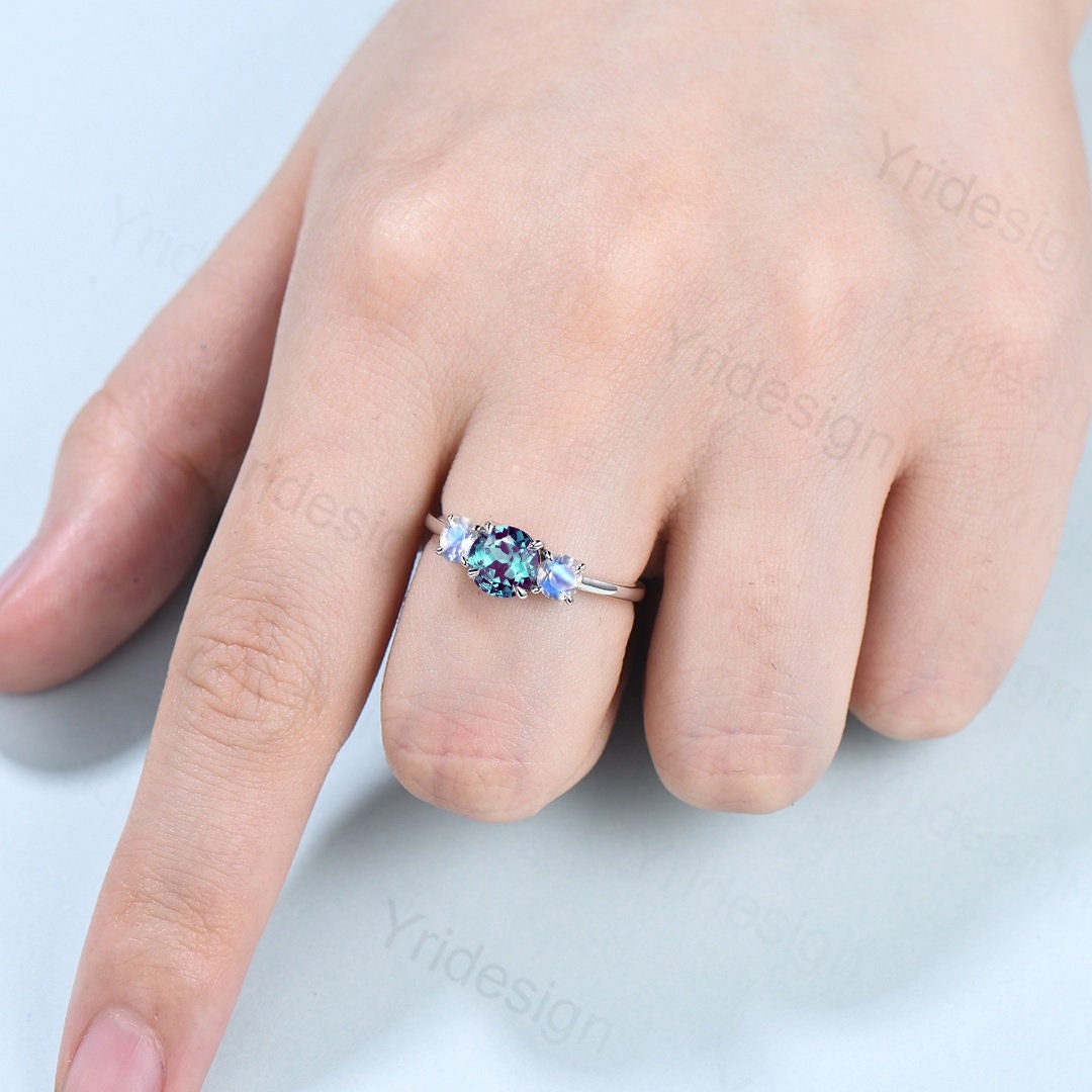 Dainty Alexandrite Moonstone Engagement Ring Three Stone Wedding Ring For Women Antique Anniversary promise ring for her June Birthstone - PENFINE
