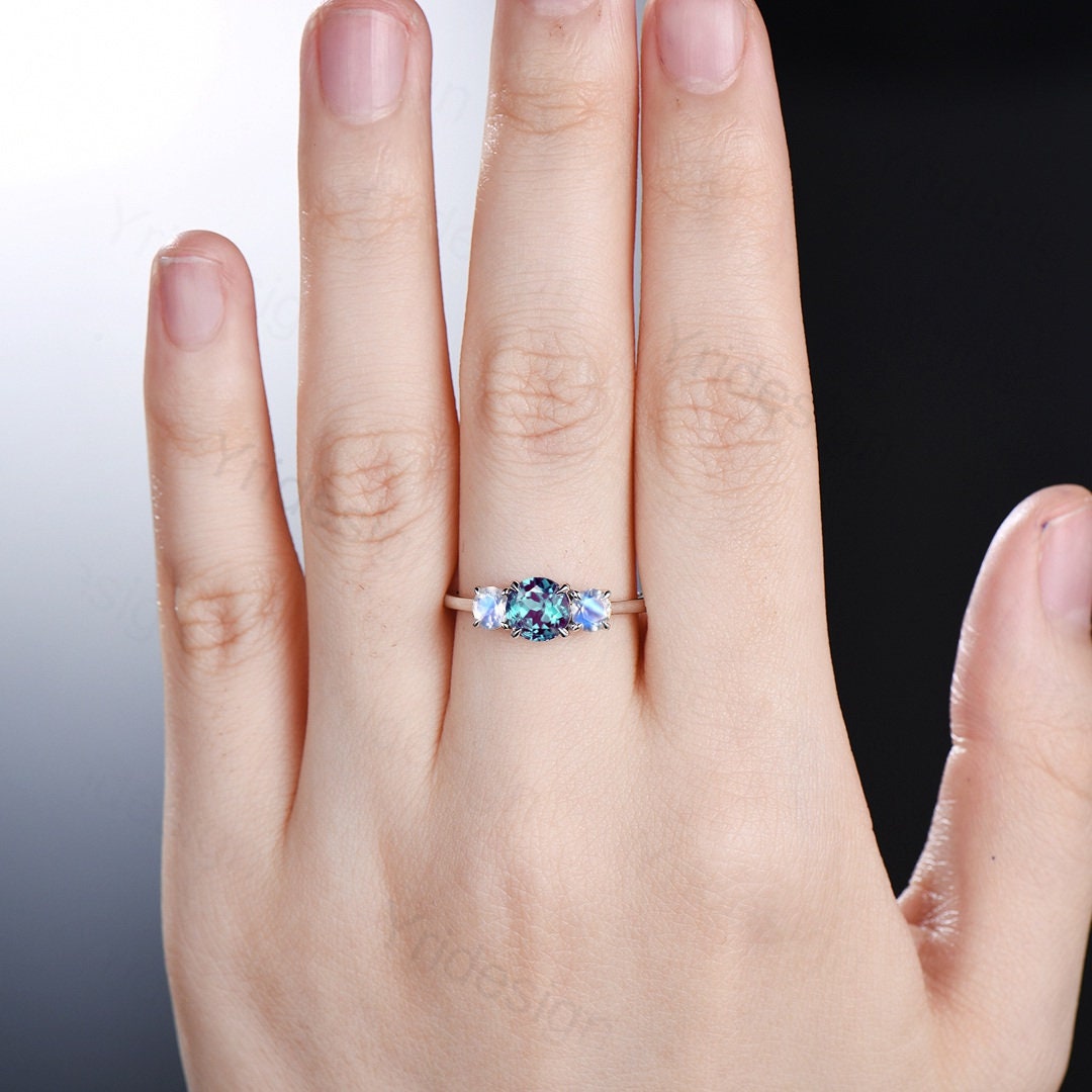 Dainty Alexandrite Moonstone Engagement Ring Three Stone Wedding Ring For  Women Antique Anniversary promise ring for her June Birthstone