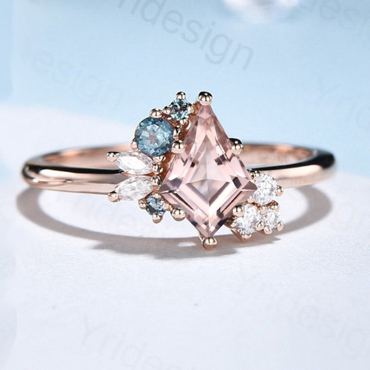 Vintage Kite cut morganite ring rose gold silver unique morganite engagement ring cluster alexandrite bridal wedding ring set women gift - PENFINE