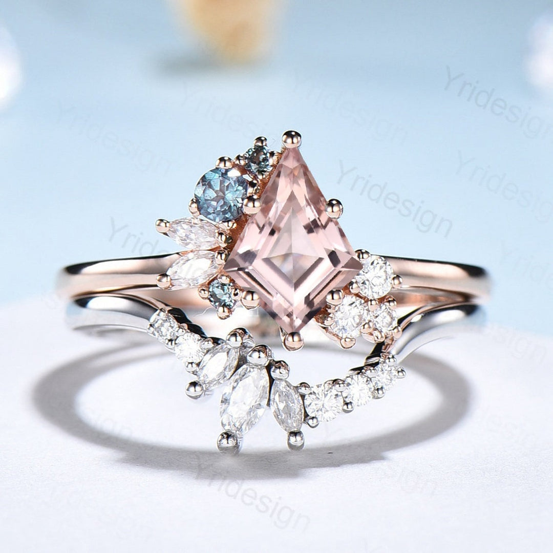 Vintage Kite cut morganite ring rose gold silver unique morganite engagement ring cluster alexandrite bridal wedding ring set women gift - PENFINE