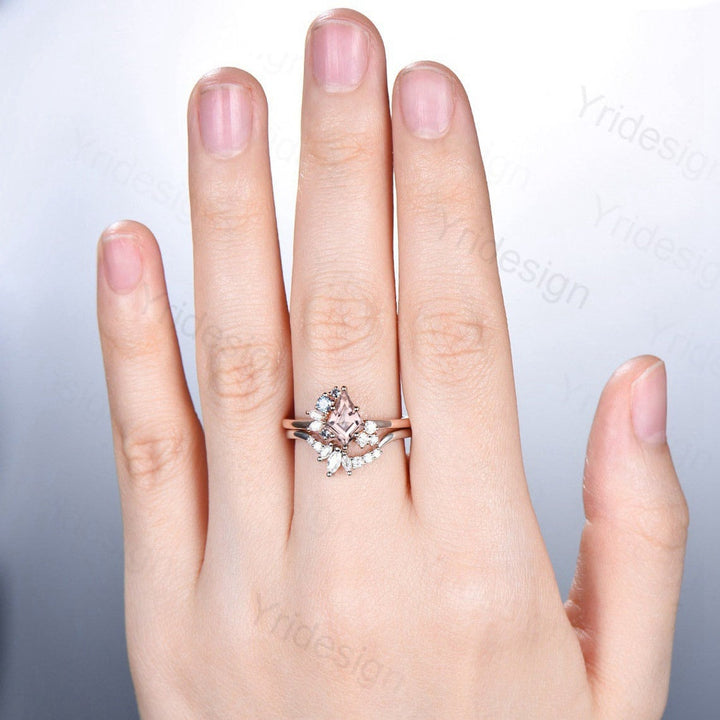 Vintage Kite cut morganite ring rose gold silver unique morganite engagement ring cluster alexandrite bridal wedding ring set women gift - PENFINE