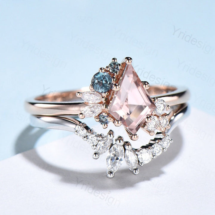 Vintage Kite cut morganite ring rose gold silver unique morganite engagement ring cluster alexandrite bridal wedding ring set women gift - PENFINE