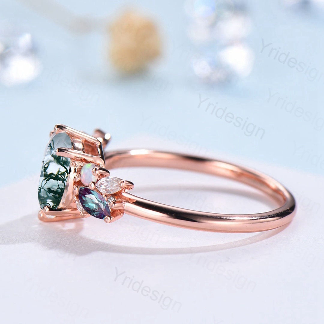 Unique Moss Agate Engagement Ring Women Alternative Alexandrite Opal Wedding Ring Vintage Nature Inspired Cluster Moissanite Promise Ring - PENFINE