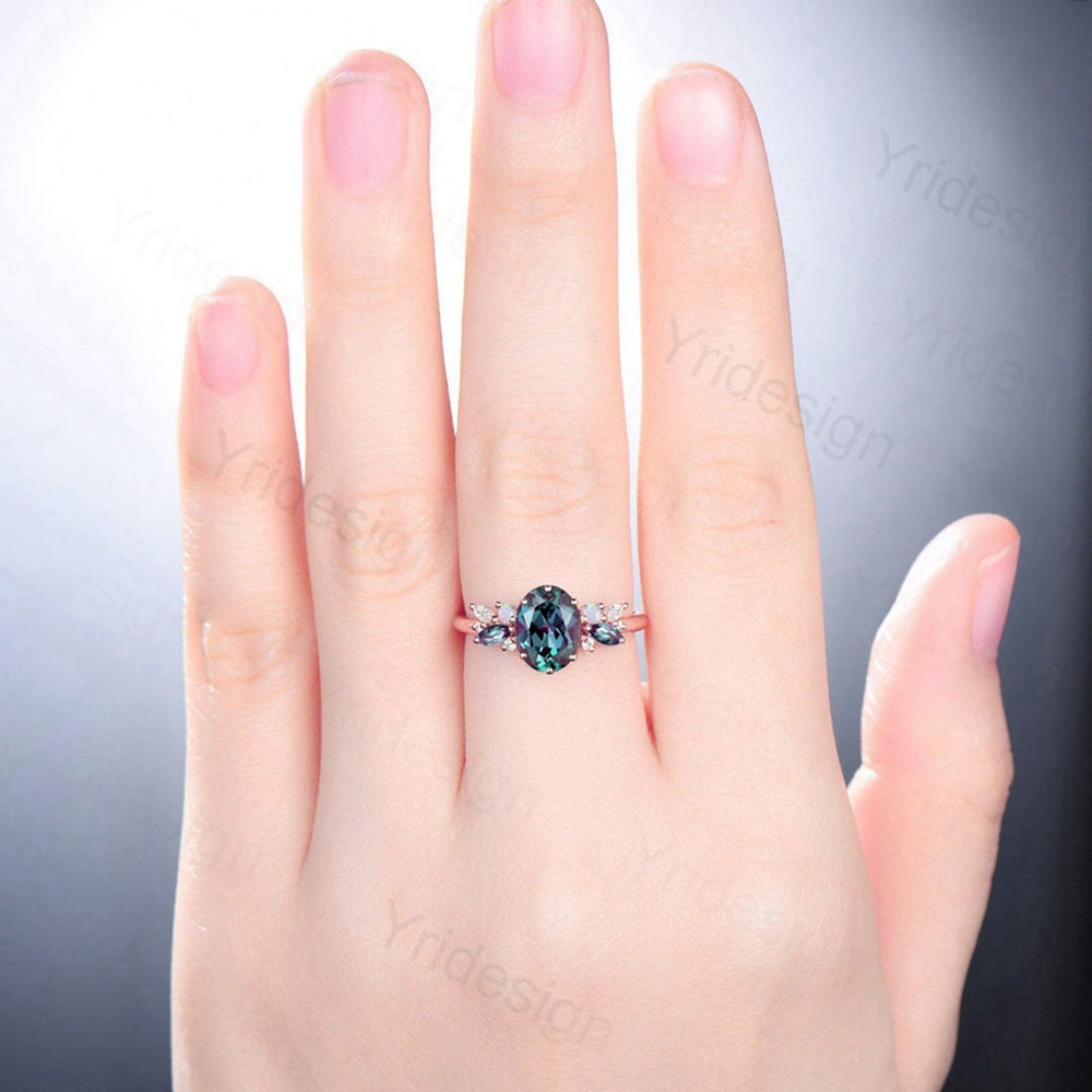 Unique Moss Agate Engagement Ring Women Alternative Alexandrite Opal Wedding Ring Vintage Nature Inspired Cluster Moissanite Promise Ring - PENFINE