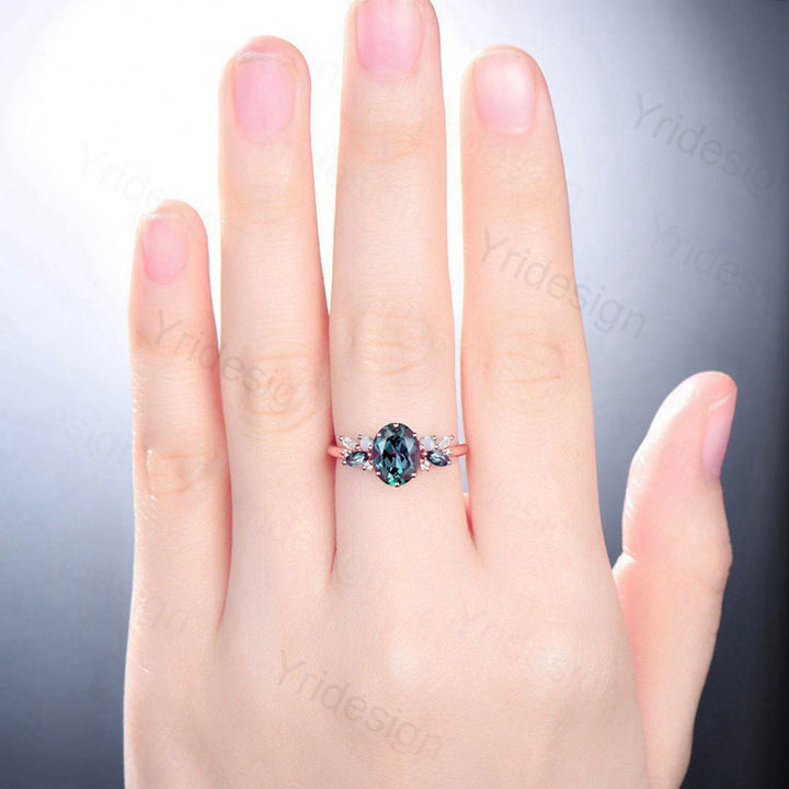 Unique Moss Agate Engagement Ring Women Alternative Alexandrite Opal Wedding Ring Vintage Nature Inspired Cluster Moissanite Promise Ring - PENFINE