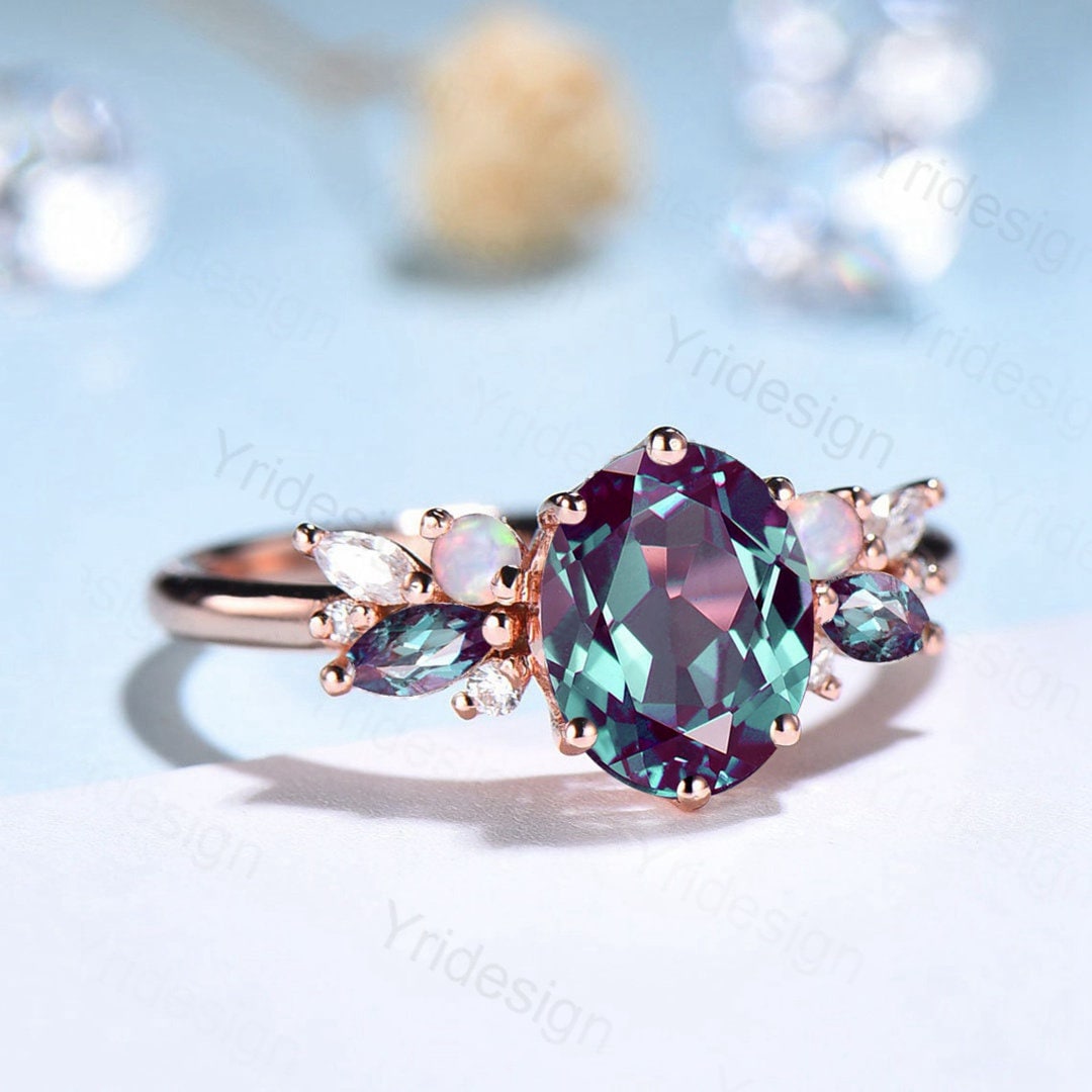 Vintage Alexandrite Engagement Ring Unique Rose Gold Cluster Alexandrite Opal Wedding Ring For Women Bridal Promise Ring Anniversary Gift - PENFINE