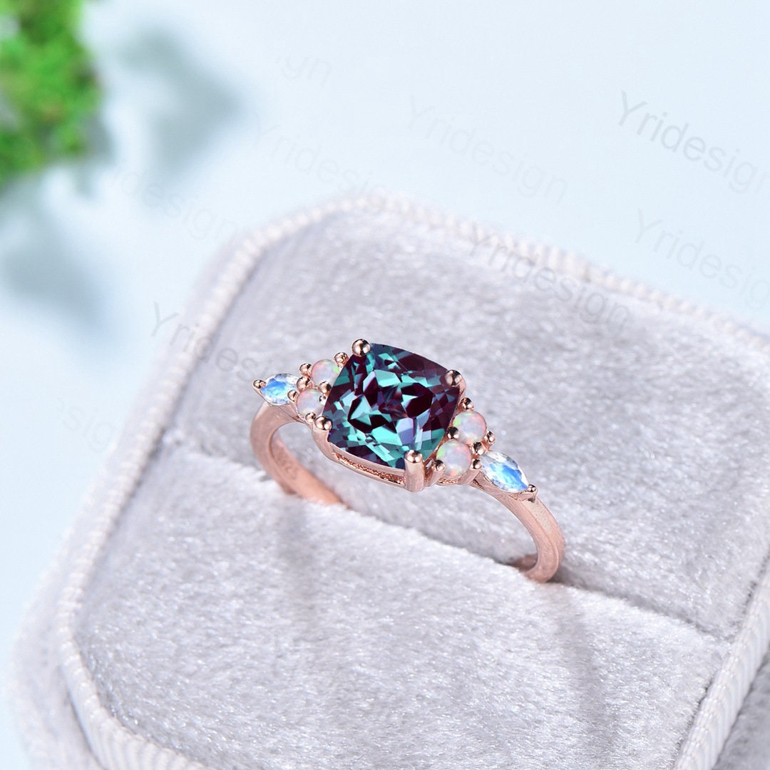 Vintage Cushion Alexandrite Ring Antique Cluster Marquise Moonstone Opal Engagement Ring Unique Art Deco June Birthstone Anniversary Gift - PENFINE