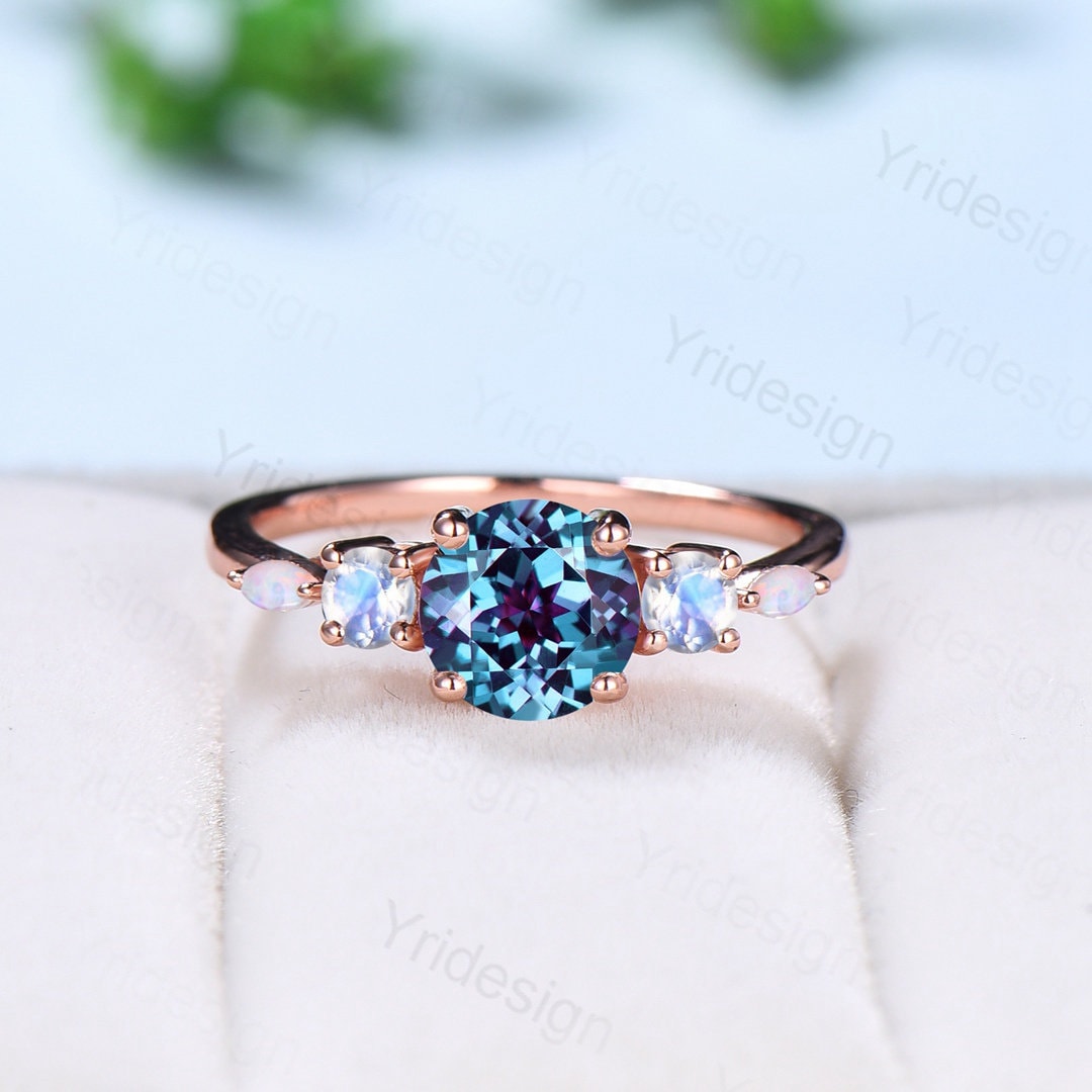 Vintage unique Alexandrite ring minimalist 1CT round Alexandrite engagement ring five stone moonstone opal birthstone wedding ring for women - PENFINE