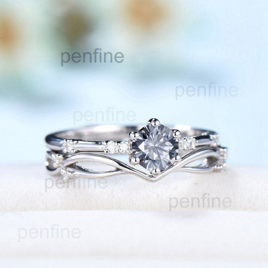 Dainty Gray moissanite engagement ring set Minimalist Moissanite wedding Set women Art Deco Bridal Anniversary Rings Promise Ring for her - PENFINE