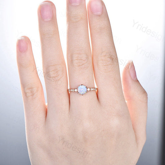 Hexagon opal ring dainty vintage white opal engagement ring art deco 6 prongs sterling silver simulated CZ bride ring for women promise ring - PENFINE
