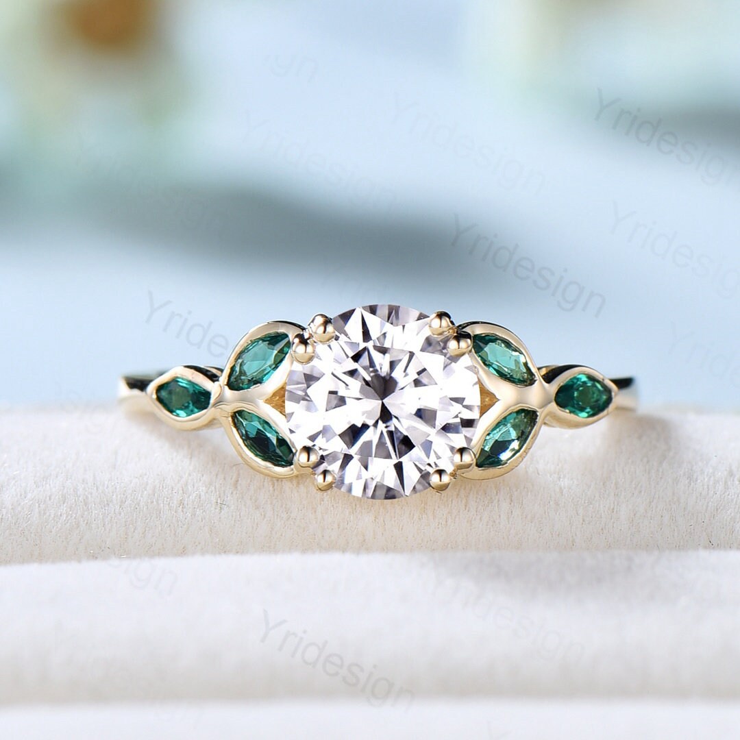 1CT Moissanite Engagement Ring with Lab Emerald Accents Solid Gold Moissanite Wedding Ring Art Deco Promise Ring Anniversary Bridal Gift - PENFINE