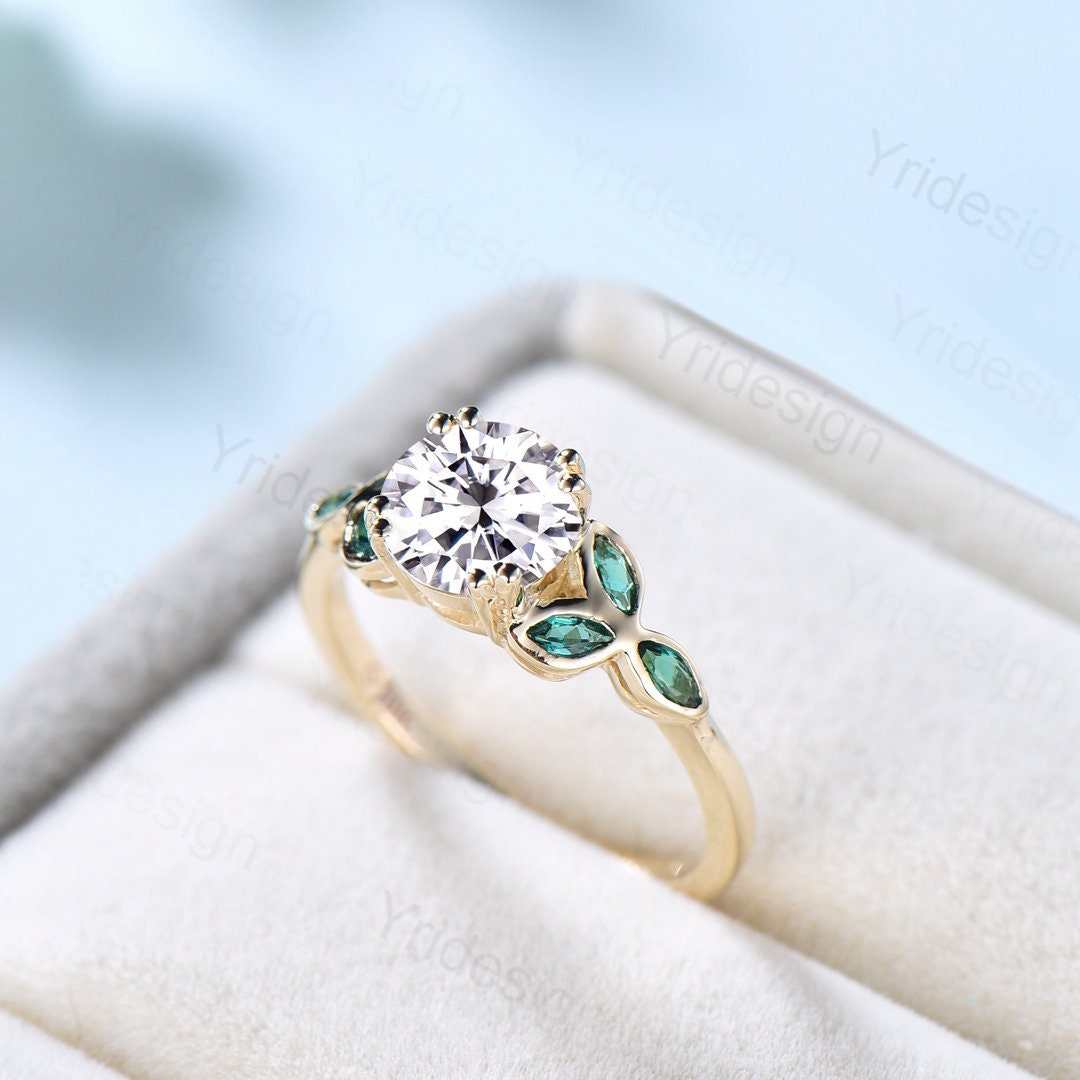 1CT Moissanite Engagement Ring with Lab Emerald Accents Solid Gold Moissanite Wedding Ring Art Deco Promise Ring Anniversary Bridal Gift - PENFINE