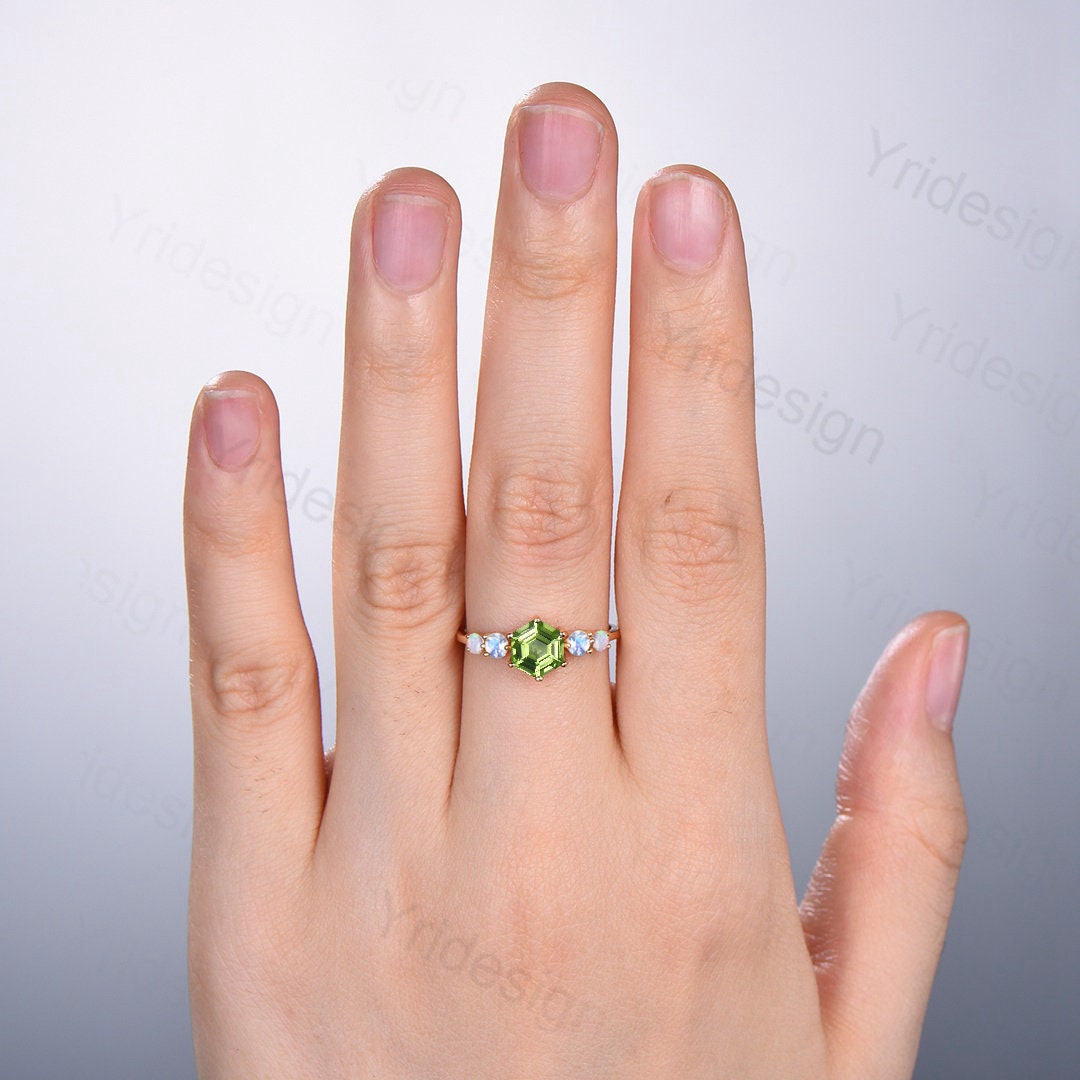Vintage unique Peridot ring minimalist hexagon Peridot engagement ring silver 5 stone moonstone opal wedding ring for women anniversary gift - PENFINE