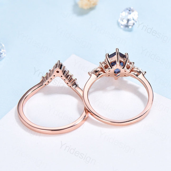 Vintage Alexandrite engagement ring set hexagon cut ring rose gold art deco marquise moonstone ring unique opal wedding ring set for women - PENFINE