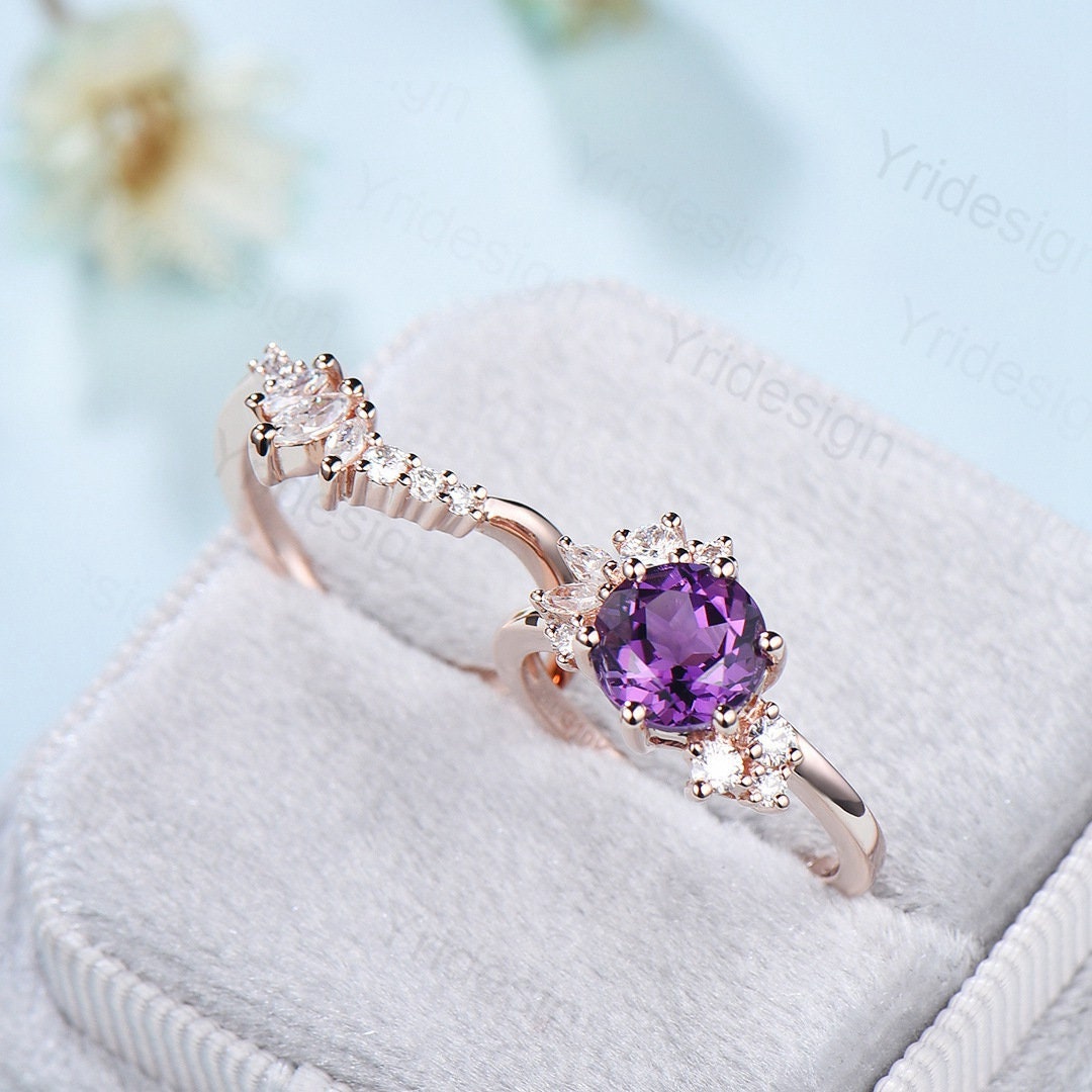 Vintage Purple Amethyst Engagement Ring Set Unique Cluster Moissanite Gold Wedding Ring For Women Anniversary Ring bridal ring set jewelry - PENFINE