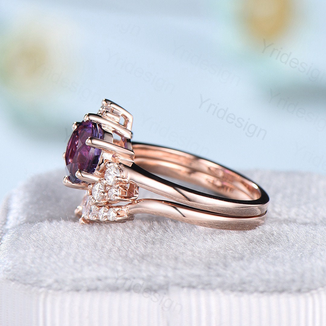 Vintage Purple Amethyst Engagement Ring Set Unique Cluster Moissanite Gold Wedding Ring For Women Anniversary Ring bridal ring set jewelry - PENFINE