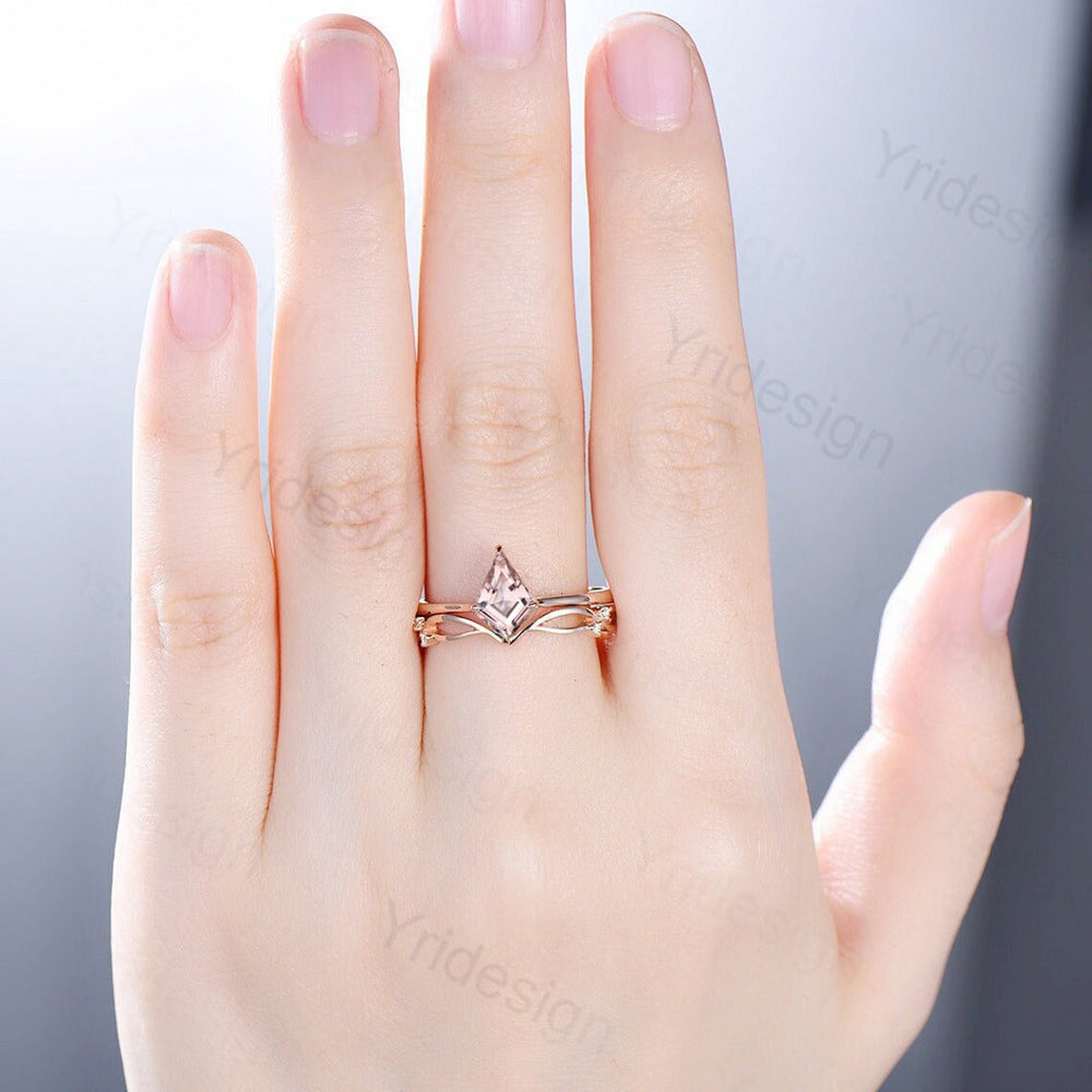 Vintage Morganite Engagement Ring Set Rose Gold Kite Cut Morganite Wedding Set Women Ring Curved Art Deco Matching Band Anniversary Gift - PENFINE