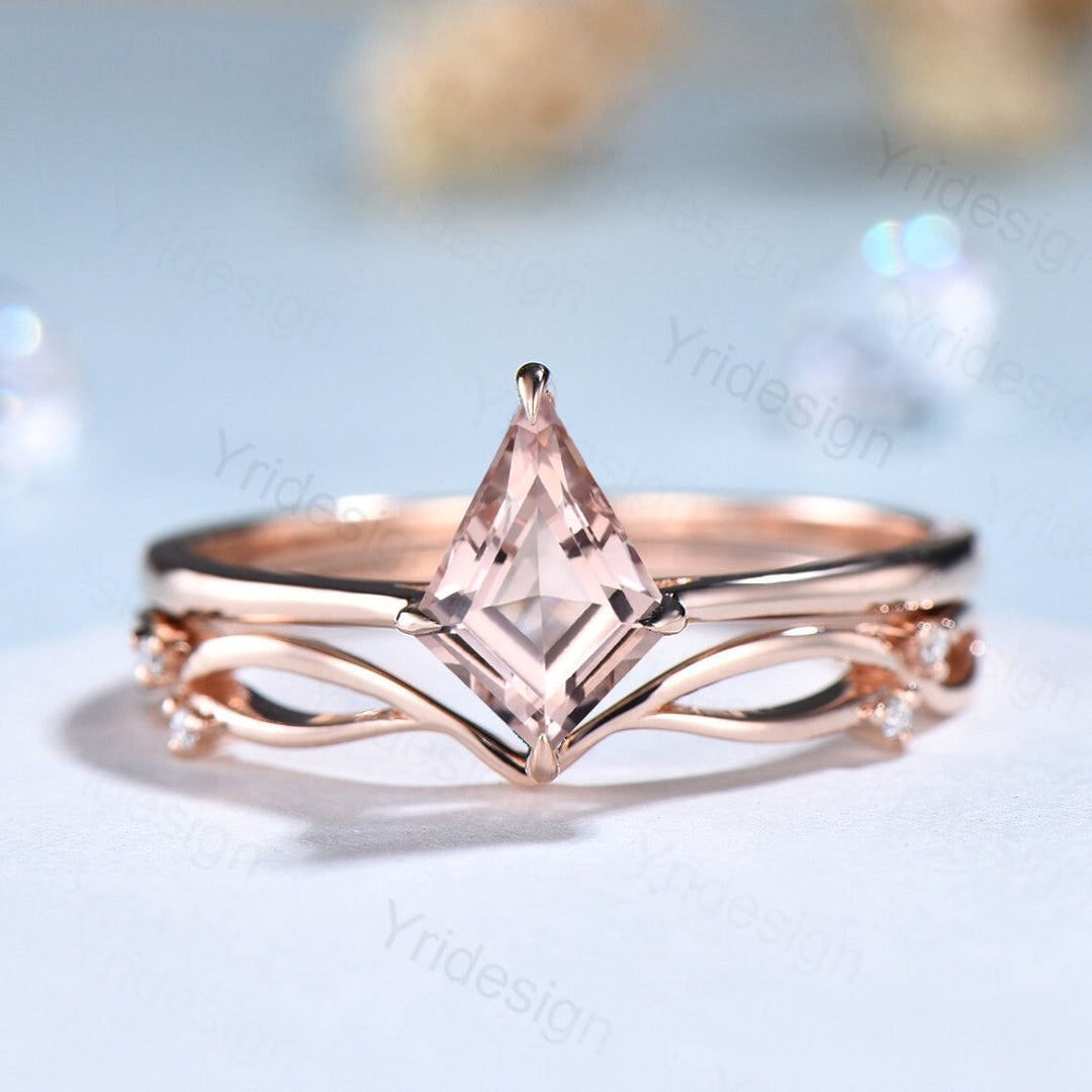 Vintage Morganite Engagement Ring Set Rose Gold Kite Cut Morganite Wedding Set Women Ring Curved Art Deco Matching Band Anniversary Gift - PENFINE