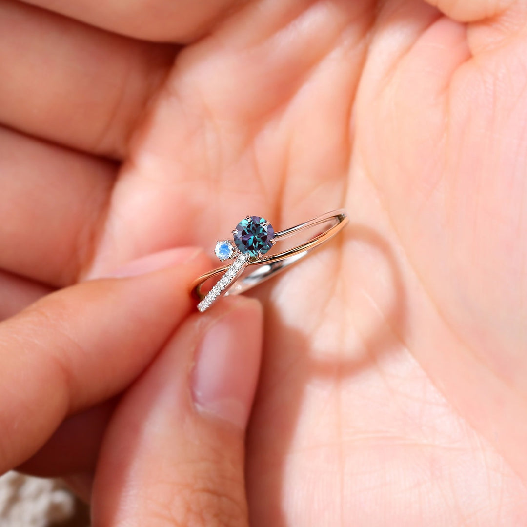 5mm Dainty round alexandrite ring Unique moonstone alexandrite engagement ring split shank Delicate June birthstone wedding ring for women - PENFINE