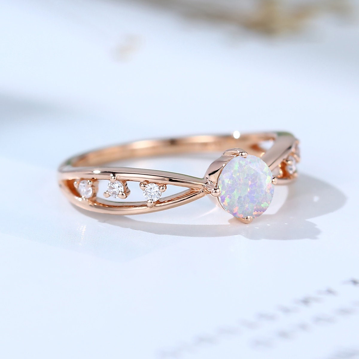 Vintage Opal Engagement Ring Rose Gold Split Shank 5mm Dainty Round White Fire Opal Wedding Ring Women October Birthstone Anniversary Gift - PENFINE
