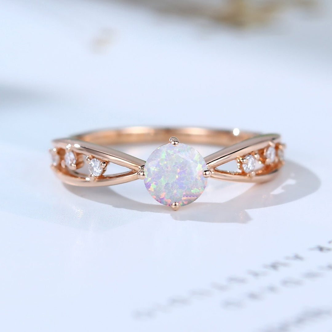 Vintage Opal Engagement Ring Rose Gold Split Shank 5mm Dainty Round White Fire Opal Wedding Ring Women October Birthstone Anniversary Gift - PENFINE