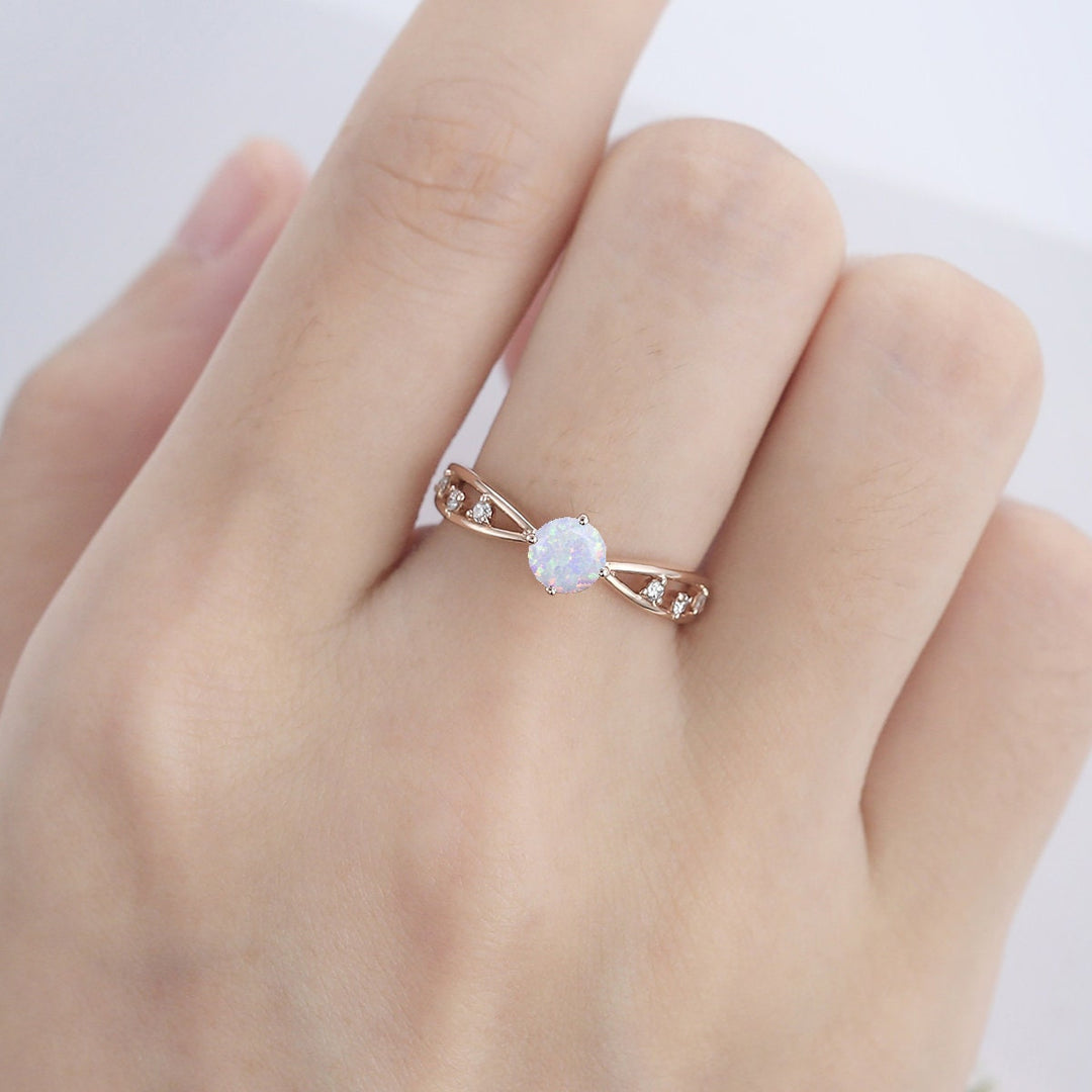 Vintage Opal Engagement Ring Rose Gold Split Shank 5mm Dainty Round White Fire Opal Wedding Ring Women October Birthstone Anniversary Gift - PENFINE