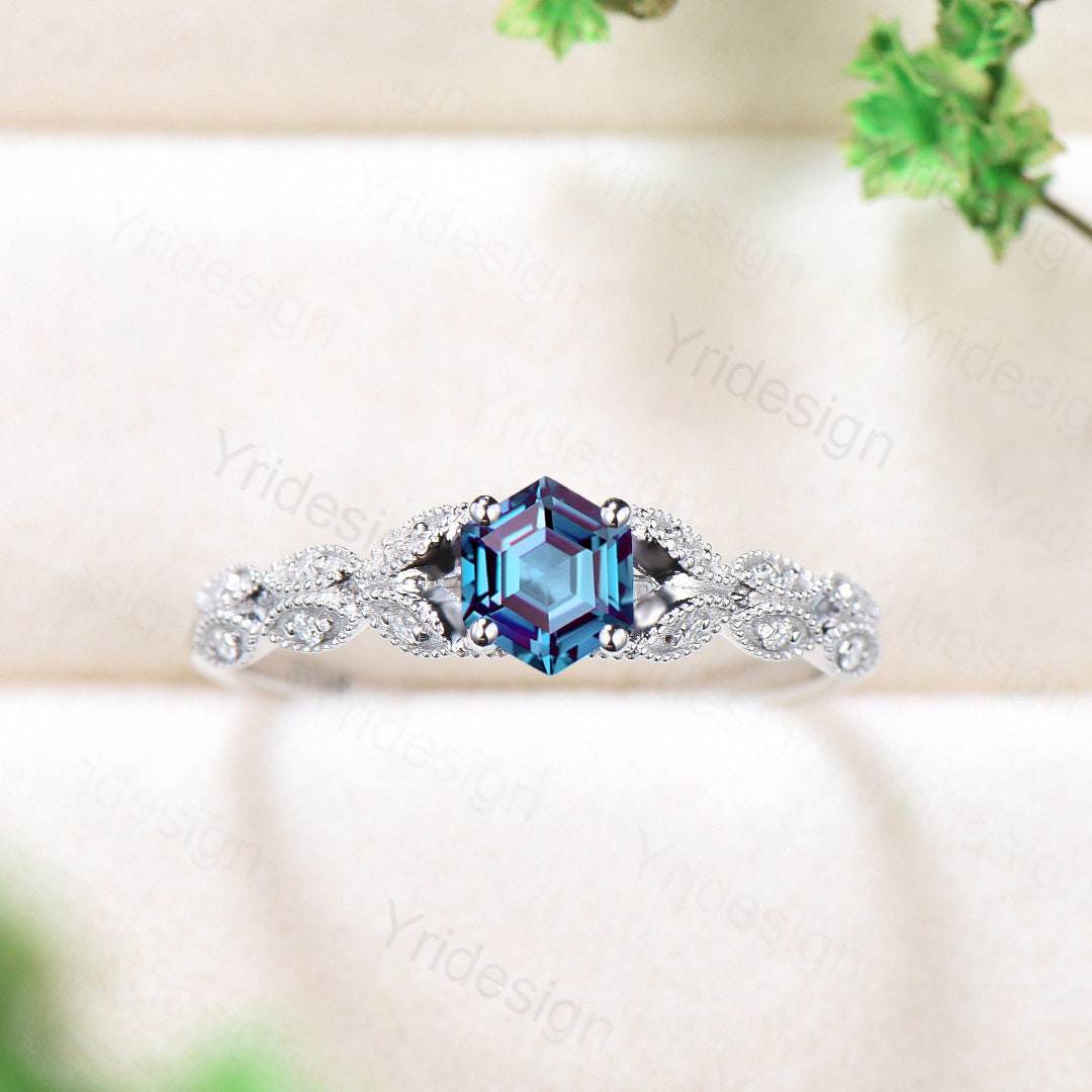 Crown Hexagon alexandrite ring vintage split shank alexandrite engagement ring white gold unique art deco moissanite wedding ring for women - PENFINE