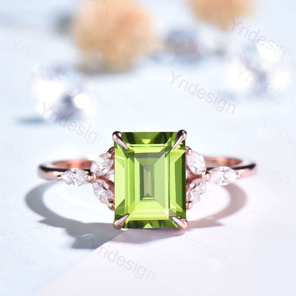Vintage Emerald Cut Peridot Ring Rose Gold-14K/18K Art Deco Green Marquise Diamond Engagement Ring Wedding Ring Women Anniversary Ring - PENFINE