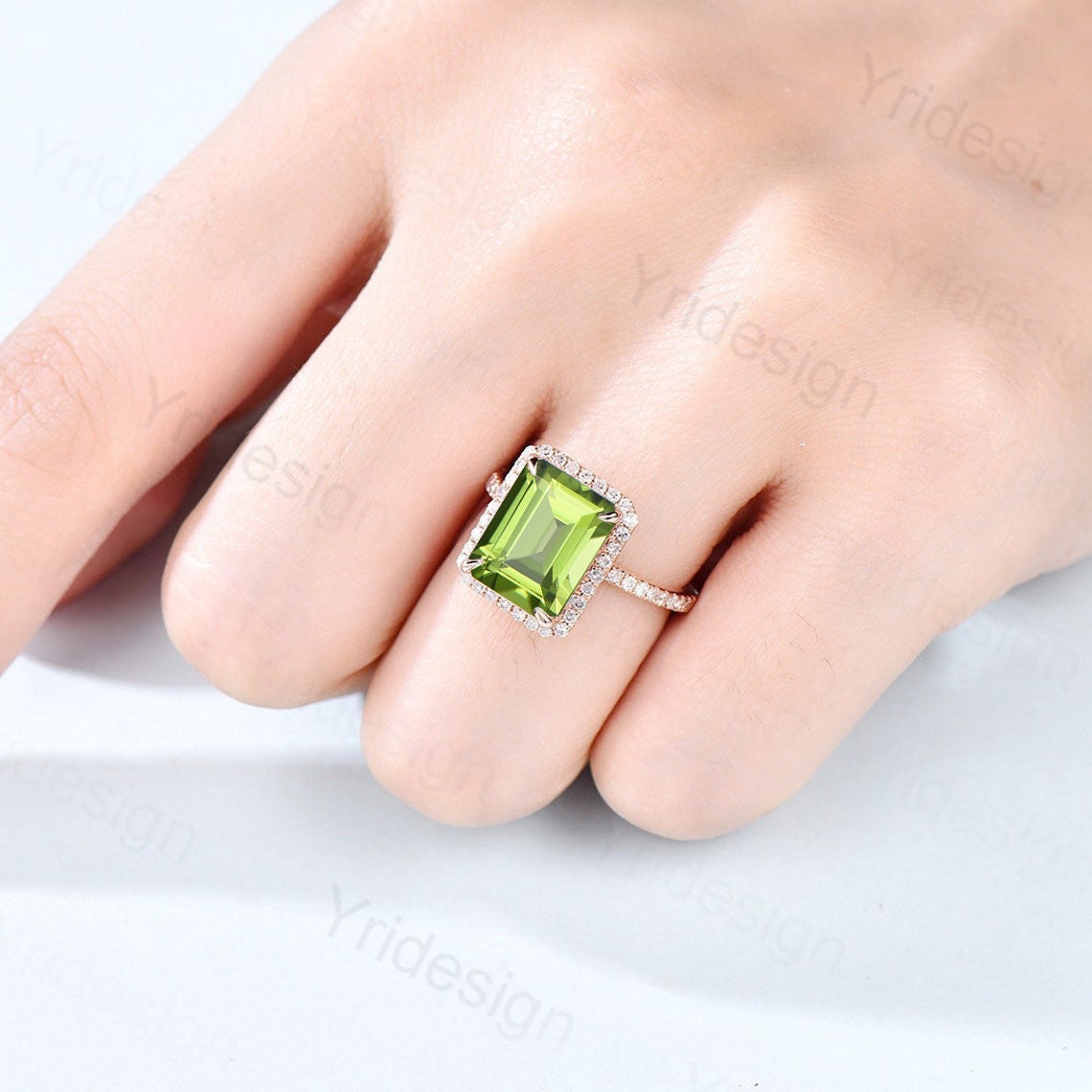 8X10mm Emerald Cut Peridot Ring Rose Gold 4CT Peridot Engagement Ring Vintage Halo Diamond Green Stone Wedding Ring Women Anniversary Ring - PENFINE