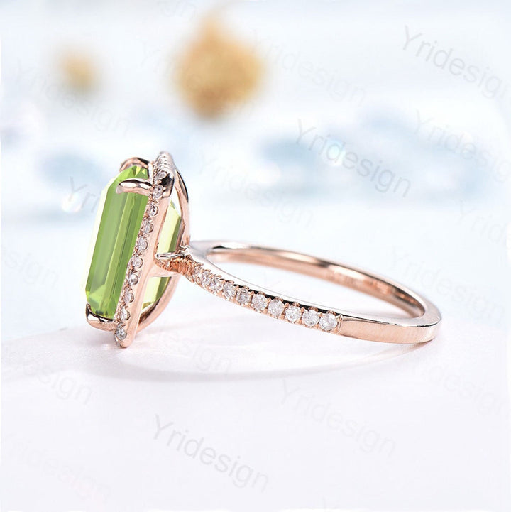 8X10mm Emerald Cut Peridot Ring Rose Gold 4CT Peridot Engagement Ring Vintage Halo Diamond Green Stone Wedding Ring Women Anniversary Ring - PENFINE