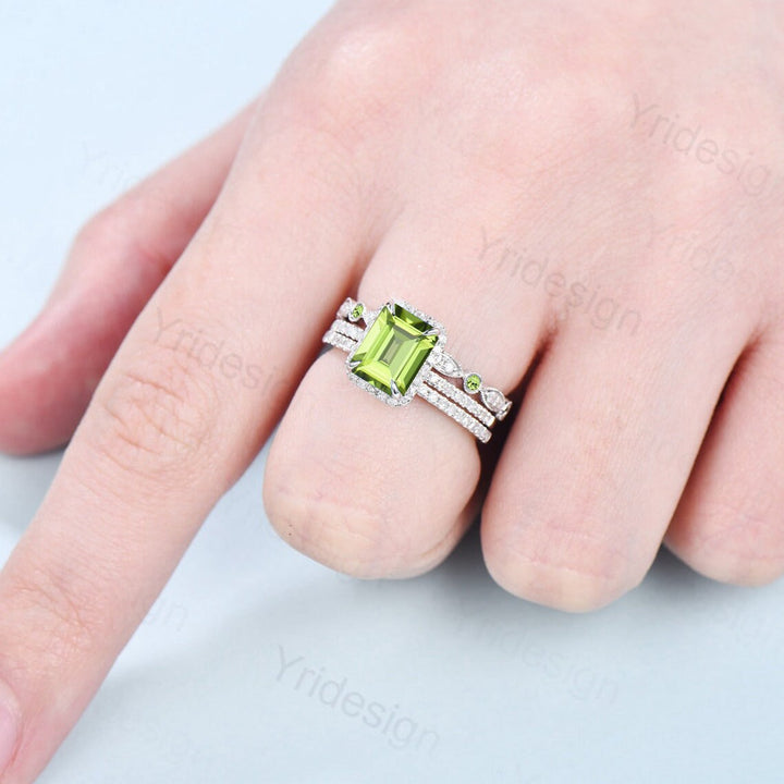 Emerald Cut Peridot Ring 2CT Engagement Ring Set Halo Diamond Solid White gold  Wedding Set Moissanite Bridal Promise Ring Anniversary Gift - PENFINE