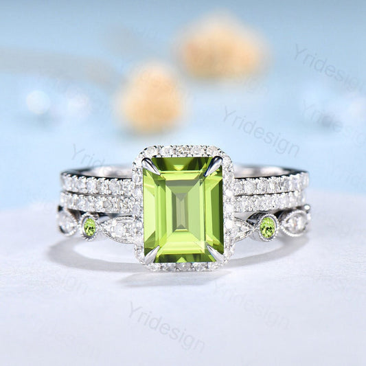 Emerald Cut Peridot Ring 2CT Engagement Ring Set Halo Diamond Solid White gold  Wedding Set Moissanite Bridal Promise Ring Anniversary Gift - PENFINE