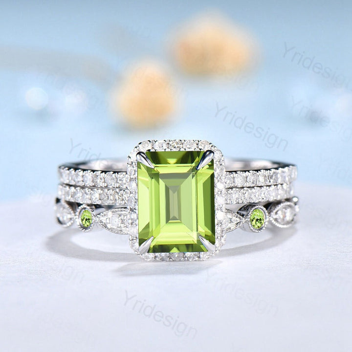 Emerald Cut Peridot Ring 2CT Engagement Ring Set Halo Diamond Solid White gold  Wedding Set Moissanite Bridal Promise Ring Anniversary Gift - PENFINE