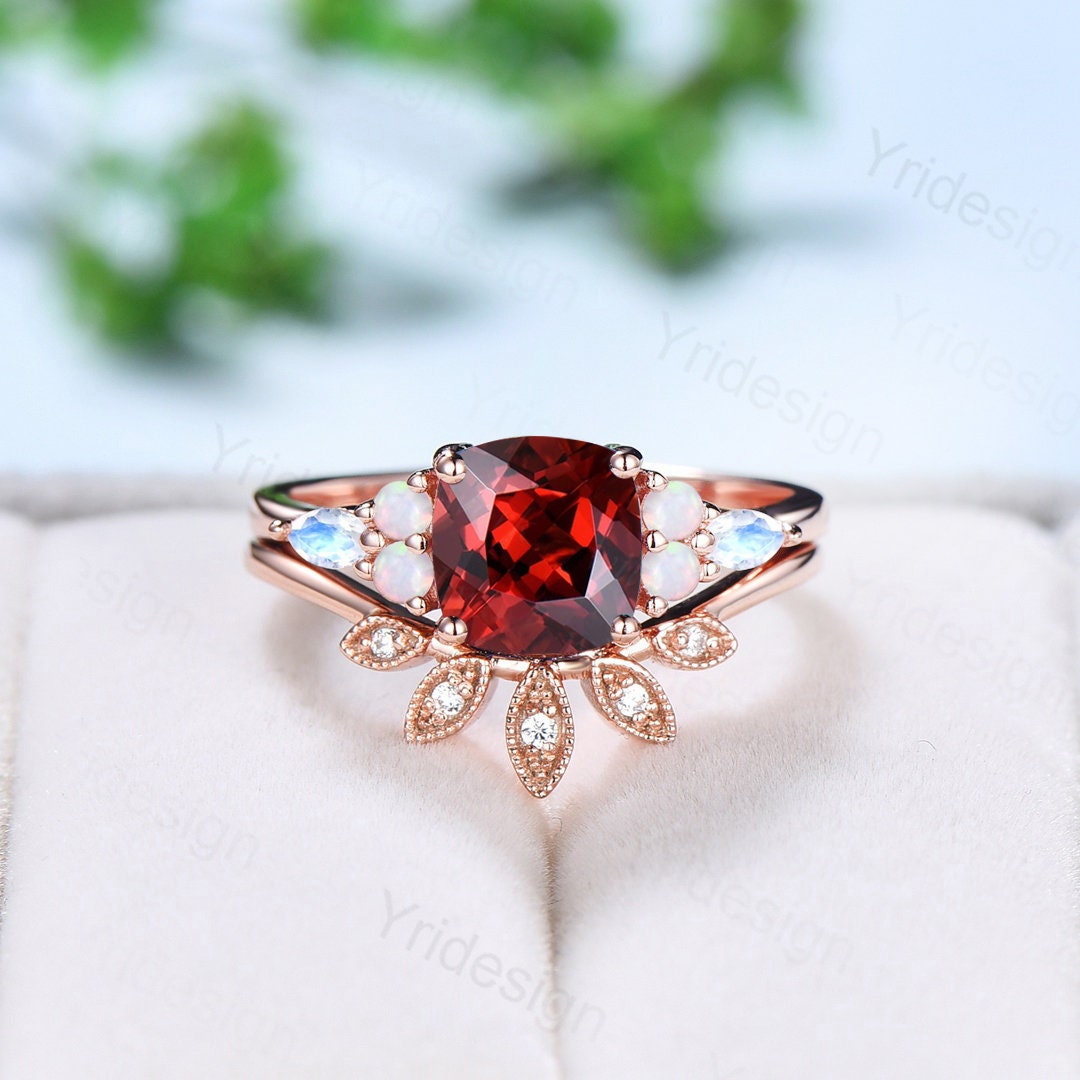 Vintage Garnet Ring For Women Cushion Garnet Engagement Ring Set Unique Opal Moonstone Wedding Ring Curved Moissanite Band Anniversary Gift - PENFINE