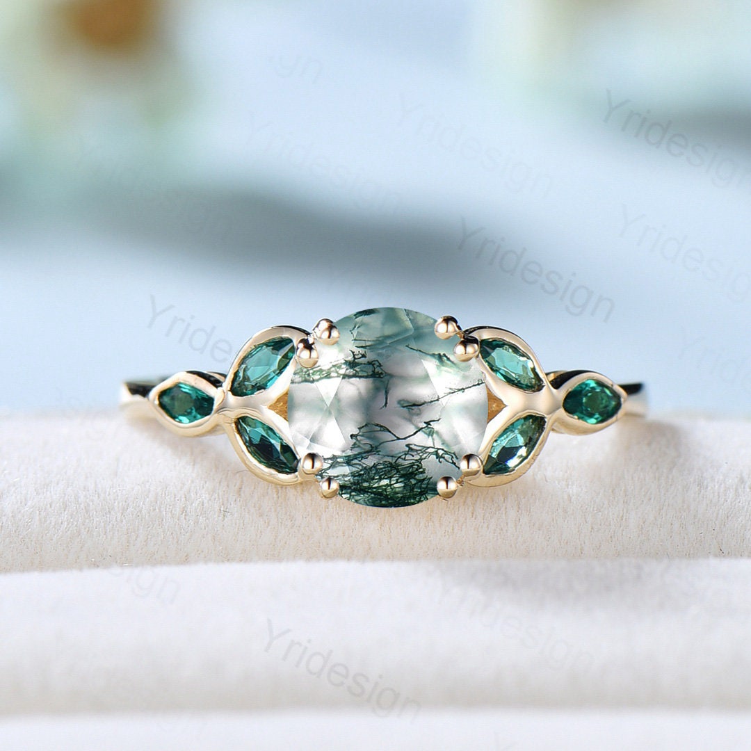 Vintage Moss Agate Engagement Ring Marquise Emerald and Agate wedding ring for women Bezel set art deco green stone bridal ring gift for her - PENFINE