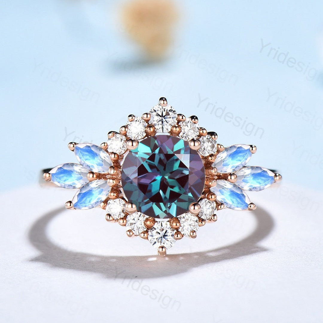 Vintage Flower Alexandrite Ring Unique Marquise Moonstone Engagement Ring Queen Halo Moissanite Wedding Ring Women June Birthstone Jewelry - PENFINE