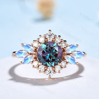 Vintage Flower Alexandrite Ring Unique Marquise Moonstone Engagement Ring Queen Halo Moissanite Wedding Ring Women June Birthstone Jewelry - PENFINE