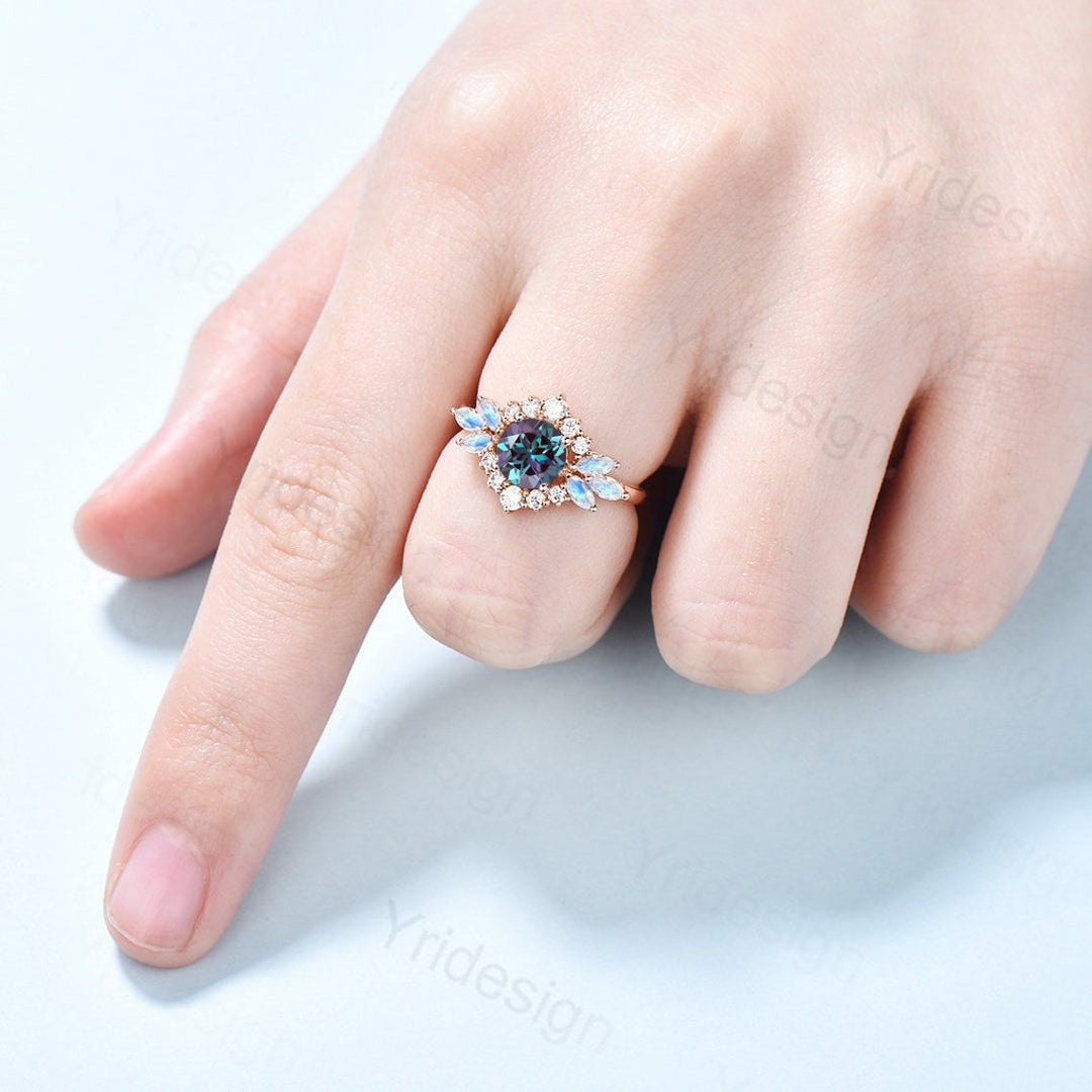 Vintage Flower Alexandrite Ring Unique Marquise Moonstone Engagement Ring Queen Halo Moissanite Wedding Ring Women June Birthstone Jewelry - PENFINE