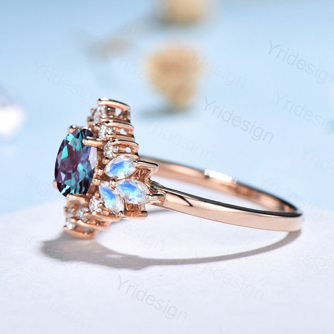 Vintage Flower Alexandrite Ring Unique Marquise Moonstone Engagement Ring Queen Halo Moissanite Wedding Ring Women June Birthstone Jewelry - PENFINE