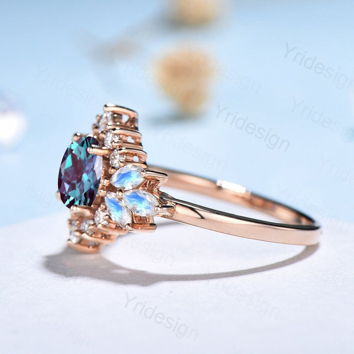 Vintage Flower Alexandrite Ring Unique Marquise Moonstone Engagement Ring Queen Halo Moissanite Wedding Ring Women June Birthstone Jewelry - PENFINE