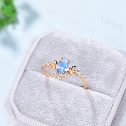Vintage Rainbow Blue Moonstone Ring Rose Gold Pear Shaped Moonstone Engagement Ring Art Deco Diamond Women Wedding Ring Anniversary Gift - PENFINE