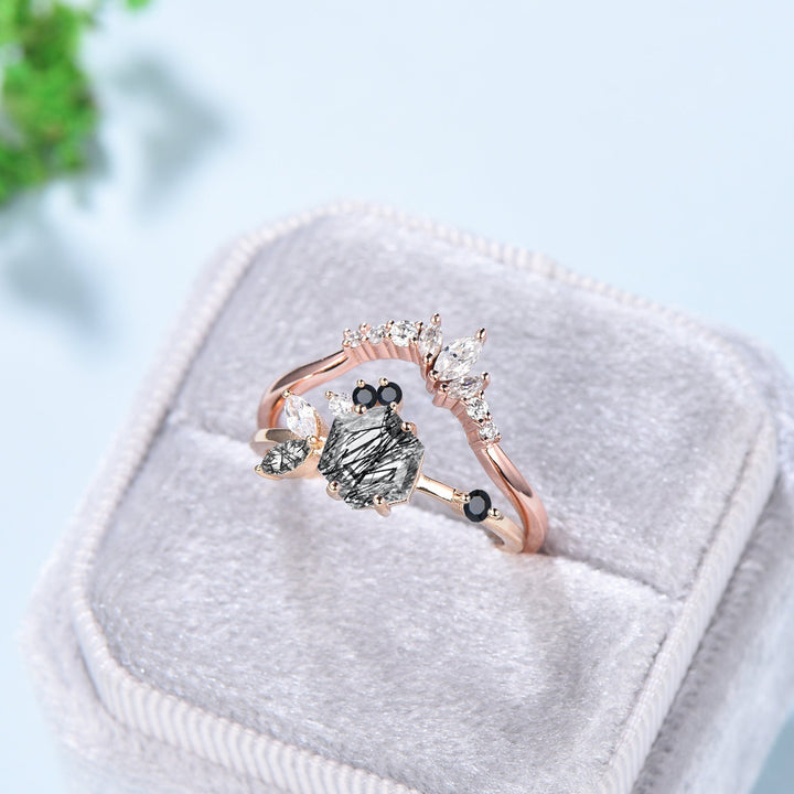 Vintage Black Rutilated Quartz Wedding Ring Set Unique Engagement Ring Set Rose Gold Cluster Black Onyx Bridal Set Women Anniversary Gift - PENFINE